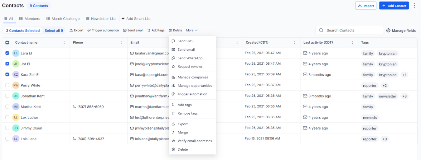 The Contacts page with three contacts selected and the More menu open