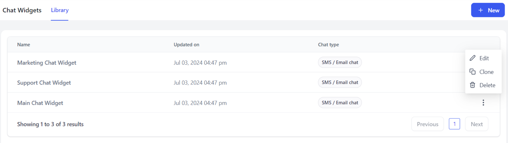 The Chat Widgets library, with the ellipsis menu open on a widget