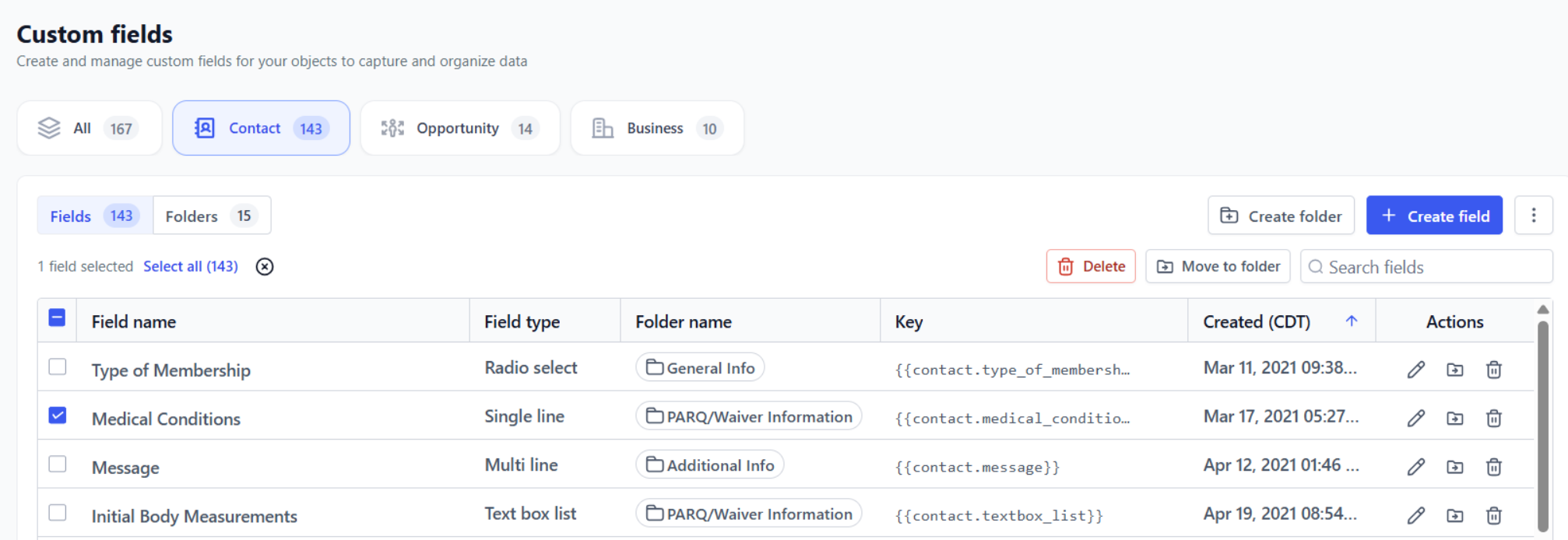 The Custom Fields dashboard, with the edit, move to folder and delete icons at the end of each row