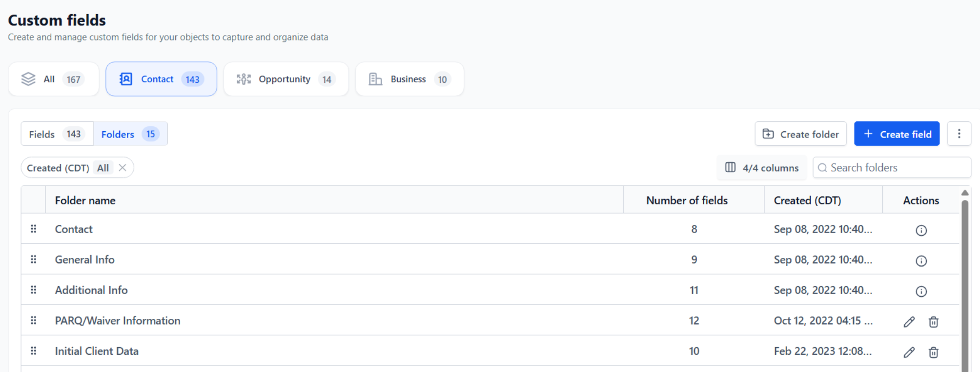 The Custom Fields Folders tab, with the edit and delete icons at the end of each row