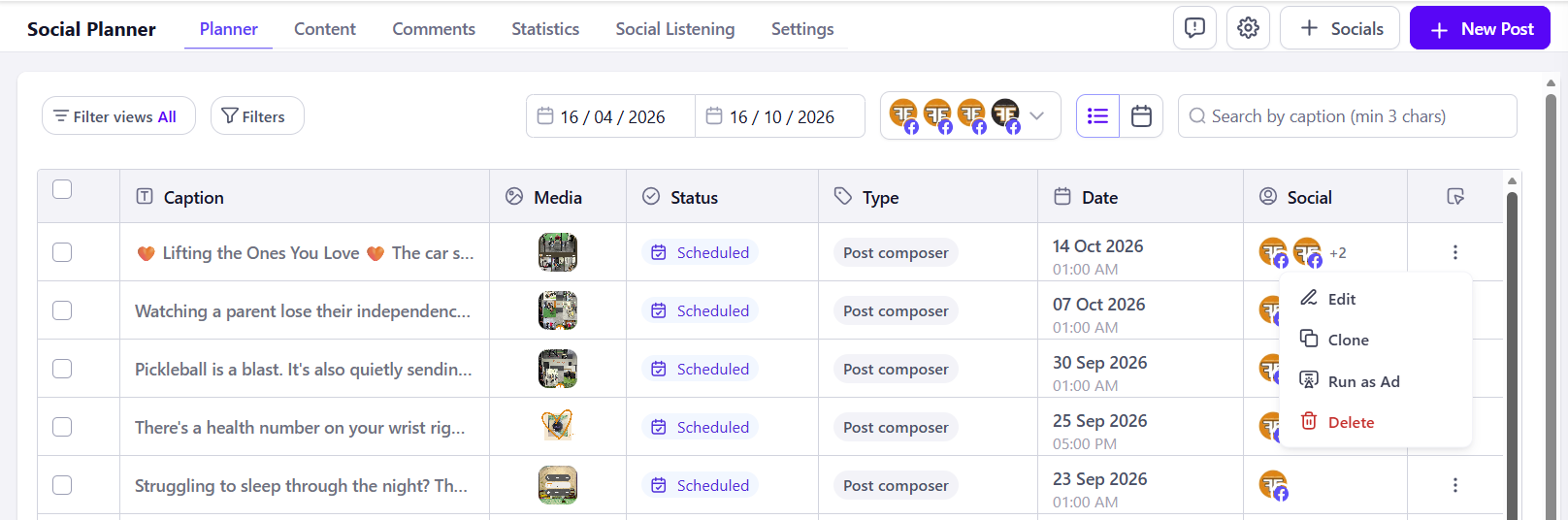 The Planner tab, with the ellipsis menu open on a scheduled post