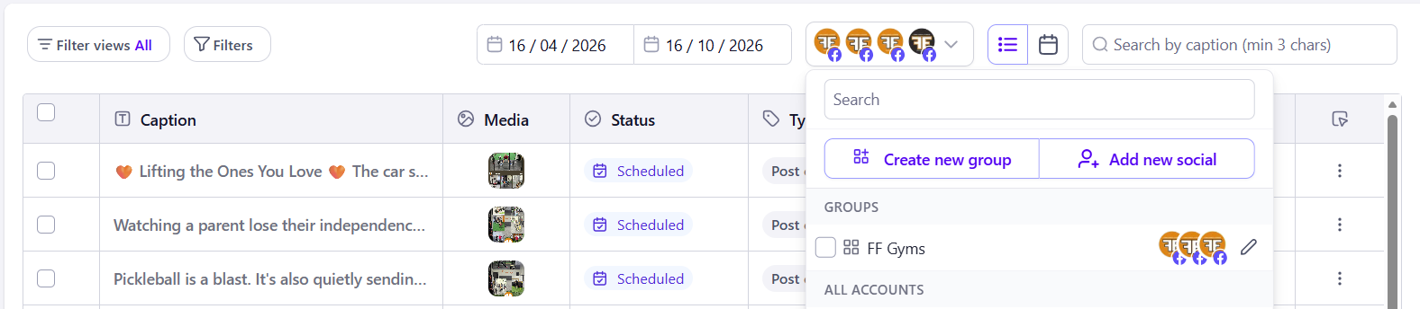 The account drop-down, with Create New Group and Add New Social