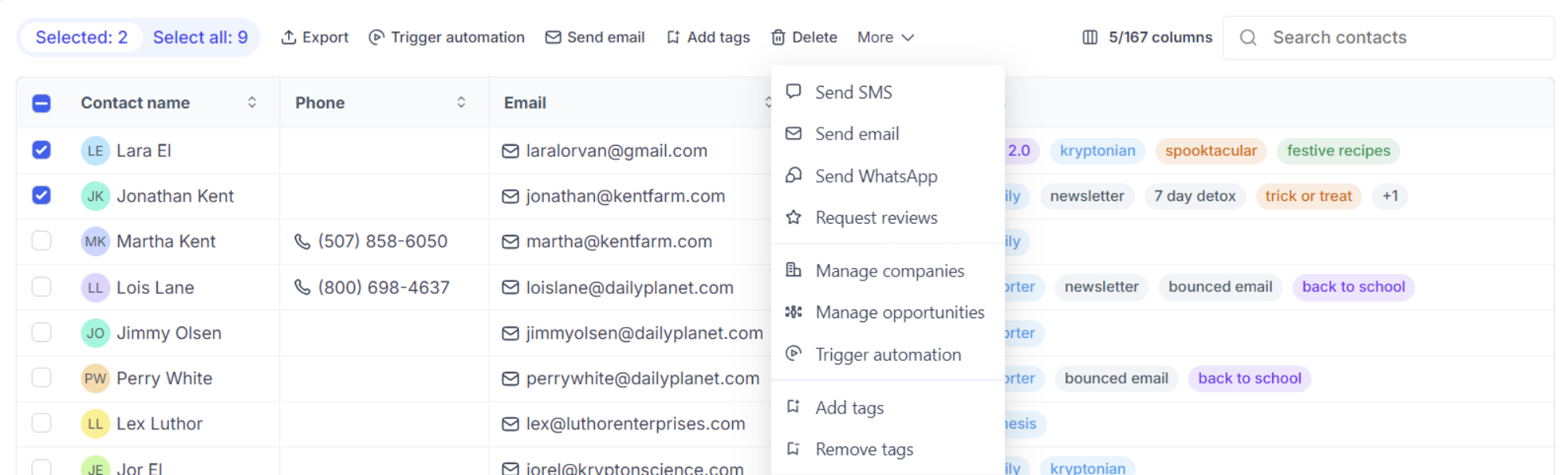Contacts selected, with the More menu open on the action bar