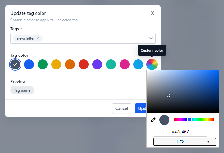 The Update tag color window with the color wheel open