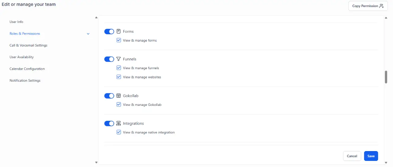 The six menus, with Roles & Permissions open