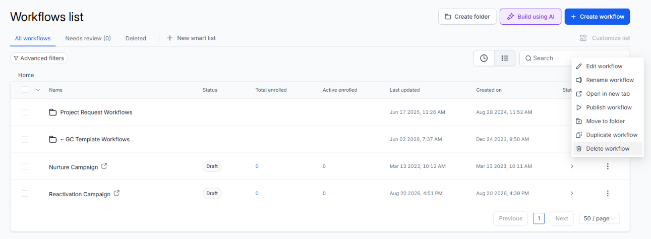 The Workflows list, with the ellipsis menu open